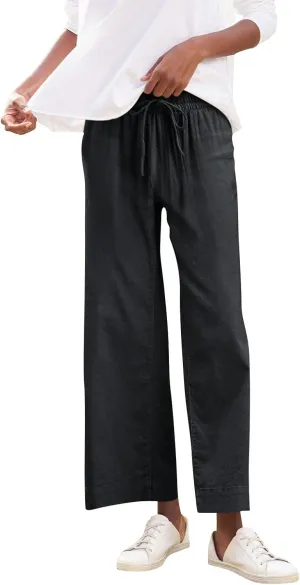 Cropped Linen Pants Women Summer Casual Drawstring Elastic High Waisted Business Casual Pants Wide Leg Work Tousers