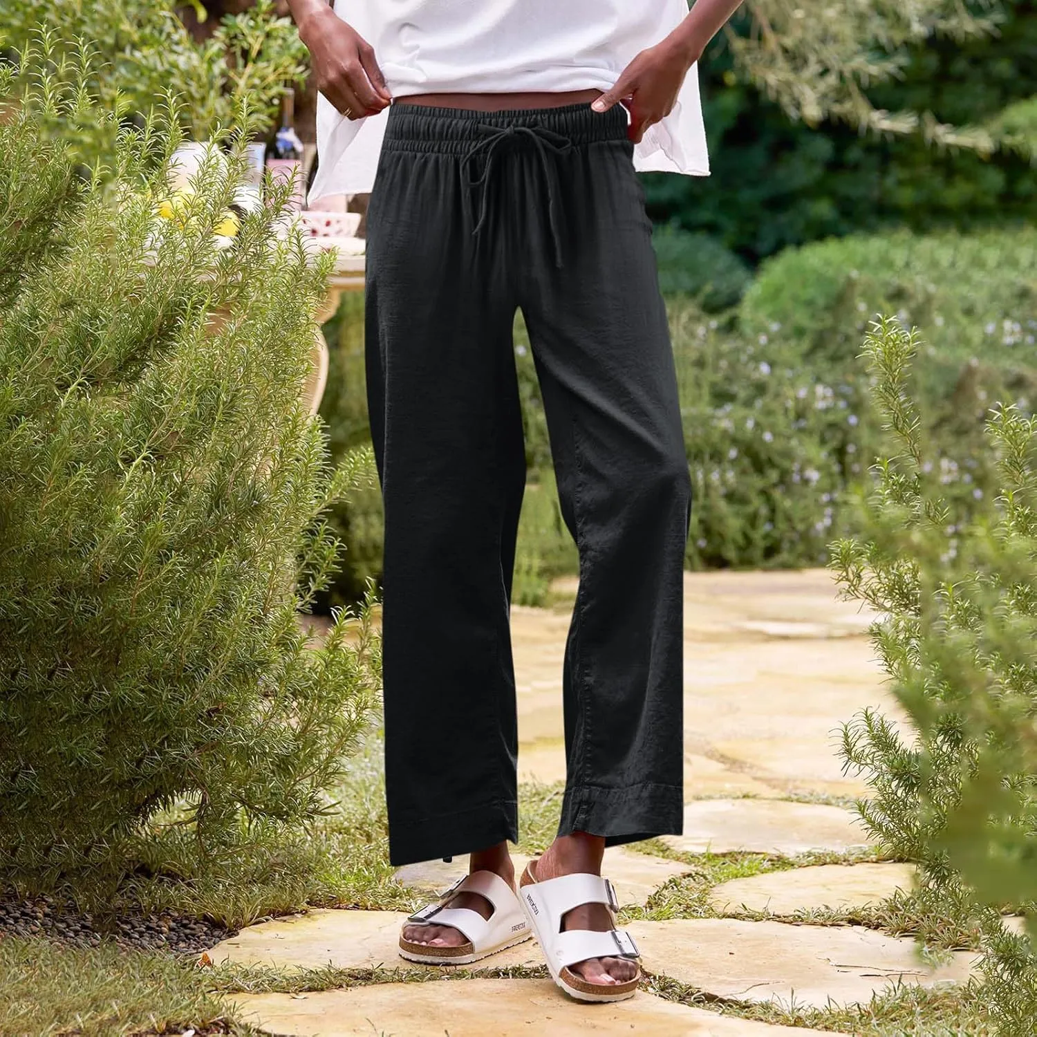 Cropped Linen Pants Women Summer Casual Drawstring Elastic High Waisted Business Casual Pants Wide Leg Work Tousers