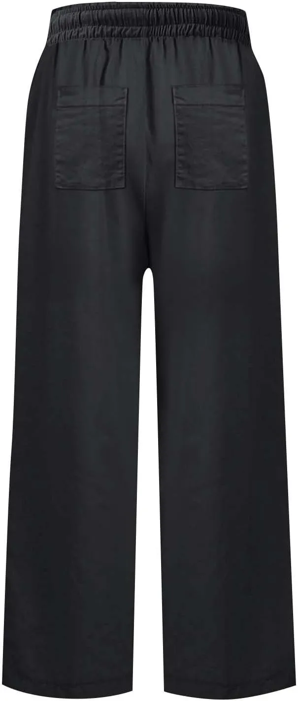 Cropped Linen Pants Women Summer Casual Drawstring Elastic High Waisted Business Casual Pants Wide Leg Work Tousers