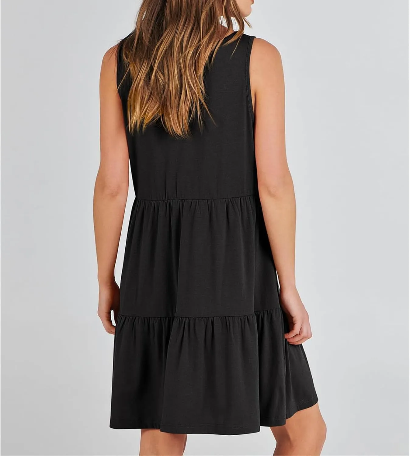 Dresses for Women Summer Fashion Sleeveless V Neck Ruffle Waist Mini Dress Solid Color Beach Vacation Sundress