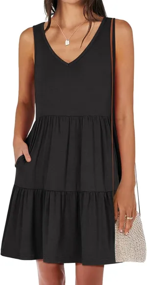 Dresses for Women Summer Fashion Sleeveless V Neck Ruffle Waist Mini Dress Solid Color Beach Vacation Sundress
