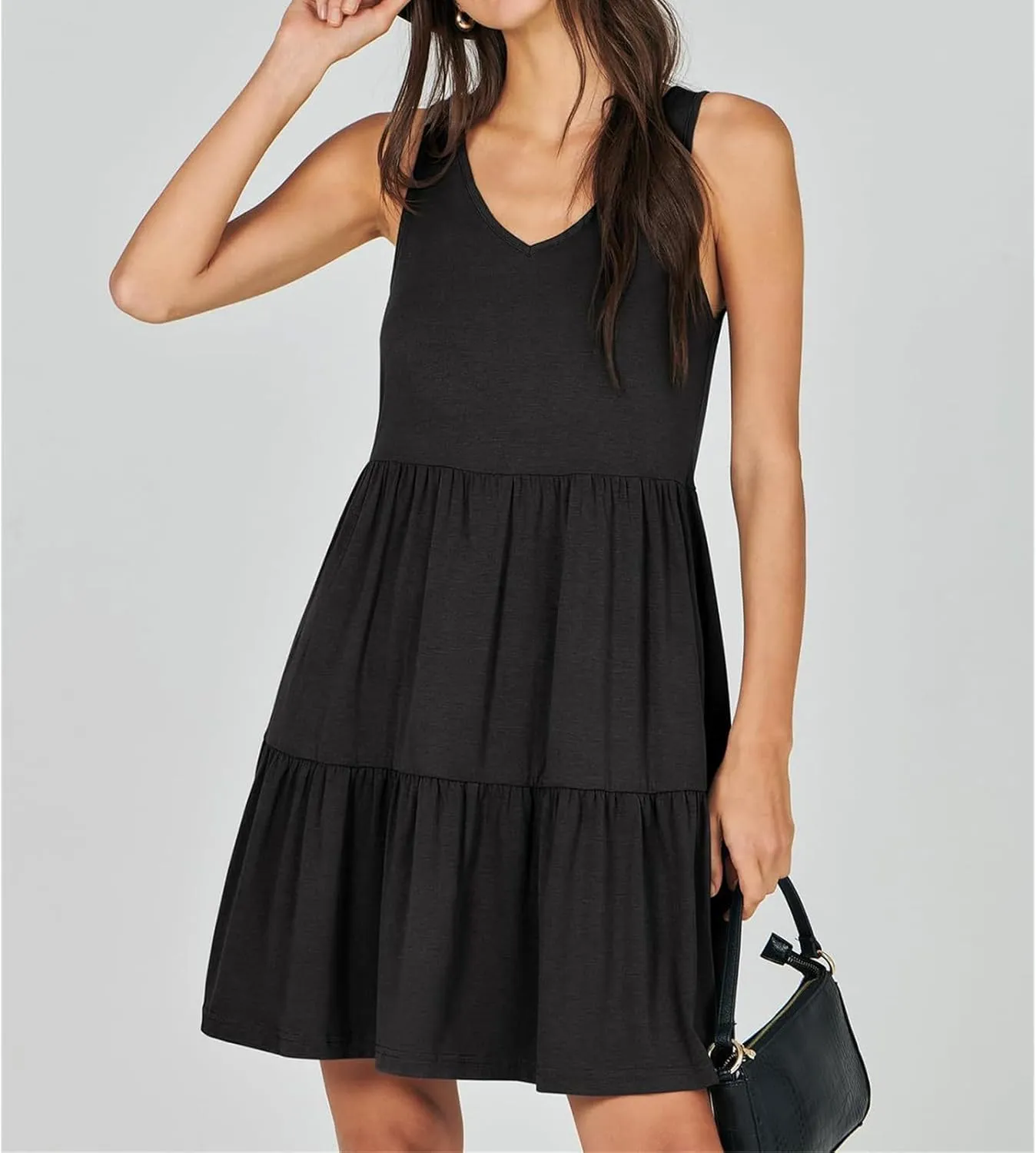 Dresses for Women Summer Fashion Sleeveless V Neck Ruffle Waist Mini Dress Solid Color Beach Vacation Sundress