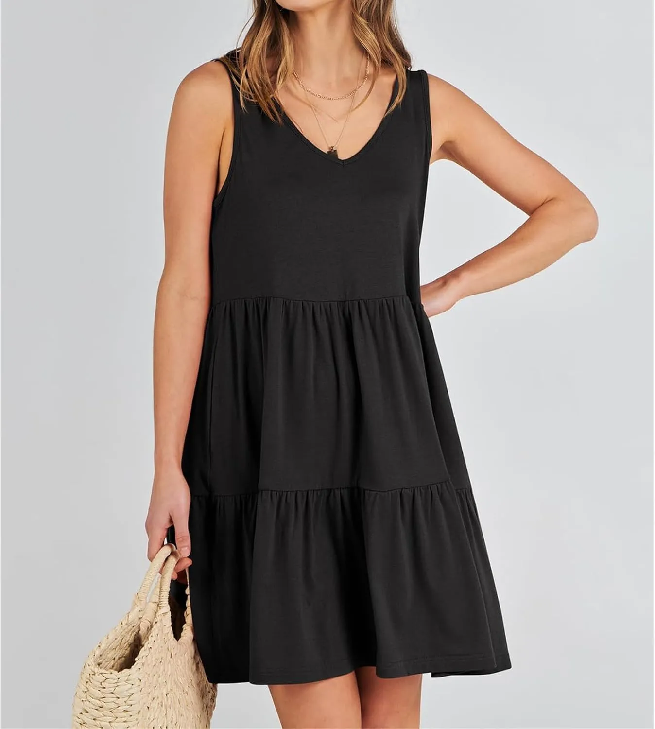 Dresses for Women Summer Fashion Sleeveless V Neck Ruffle Waist Mini Dress Solid Color Beach Vacation Sundress