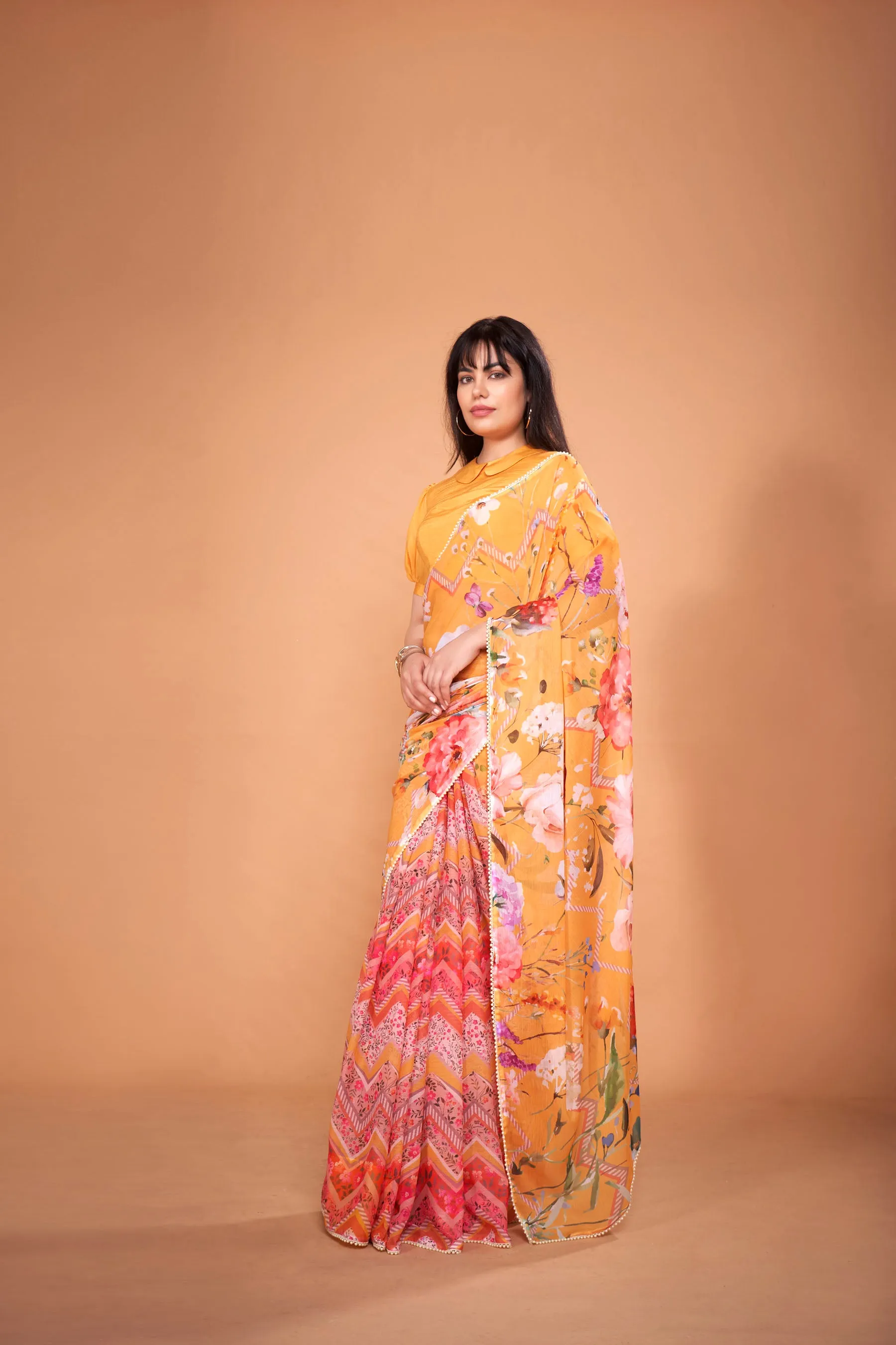 Golden Yellow Floral Printed Chiffon Saree With Pearl Lace