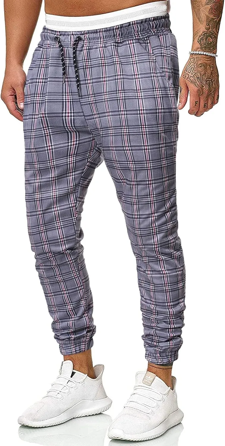 GTHTTT Men's Fashion Plaid Pants Chinos Casual Trousers Slim Fit Drawstring Tapered Stretch Workout Jogger Sweatpants Plaid