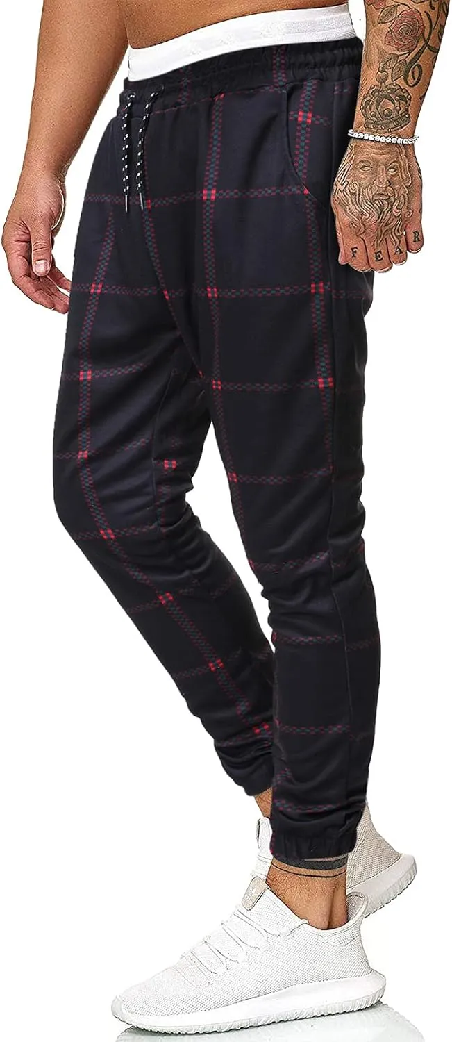GTHTTT Men's Fashion Plaid Pants Chinos Casual Trousers Slim Fit Drawstring Tapered Stretch Workout Jogger Sweatpants Plaid