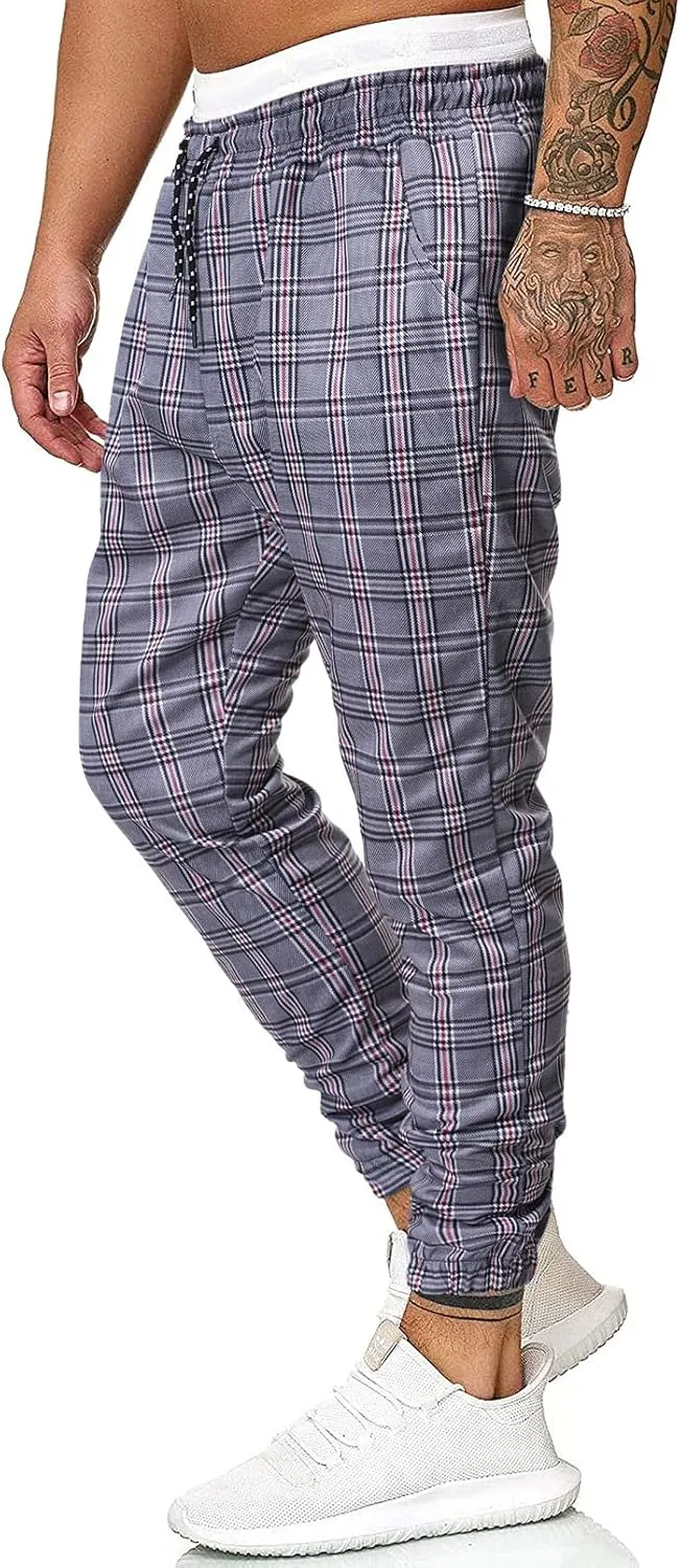 GTHTTT Men's Fashion Plaid Pants Chinos Casual Trousers Slim Fit Drawstring Tapered Stretch Workout Jogger Sweatpants Plaid
