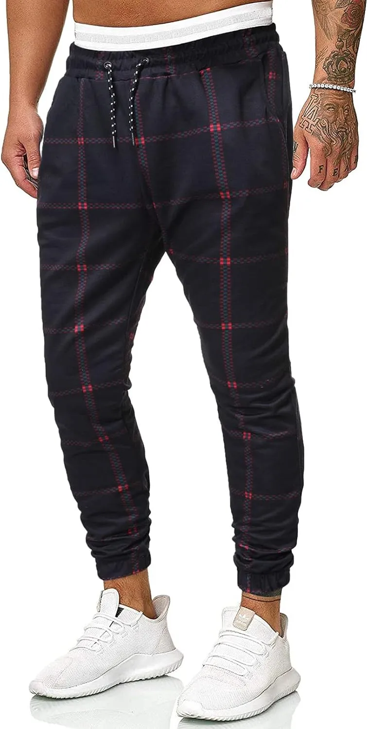GTHTTT Men's Fashion Plaid Pants Chinos Casual Trousers Slim Fit Drawstring Tapered Stretch Workout Jogger Sweatpants Plaid
