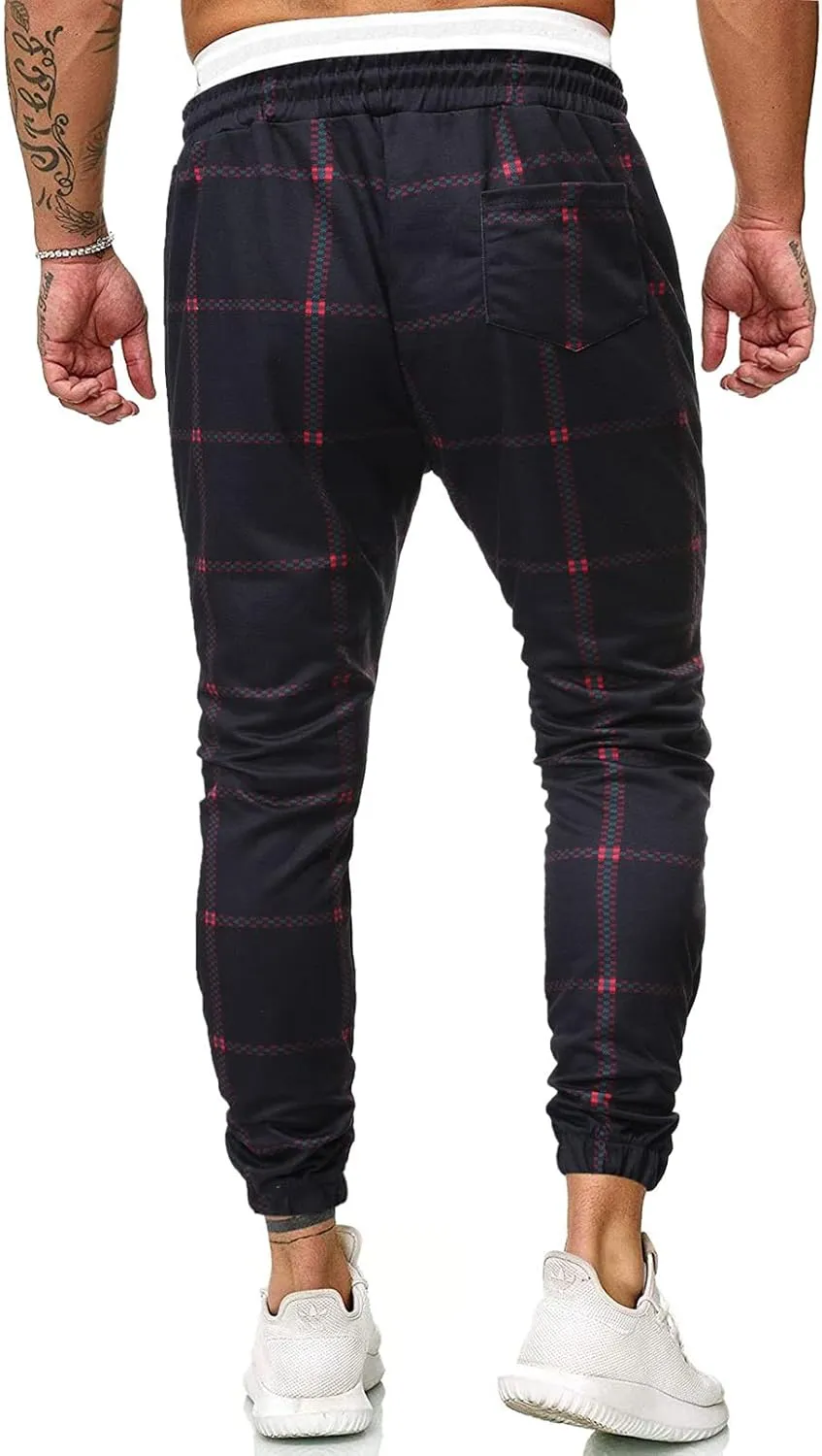 GTHTTT Men's Fashion Plaid Pants Chinos Casual Trousers Slim Fit Drawstring Tapered Stretch Workout Jogger Sweatpants Plaid