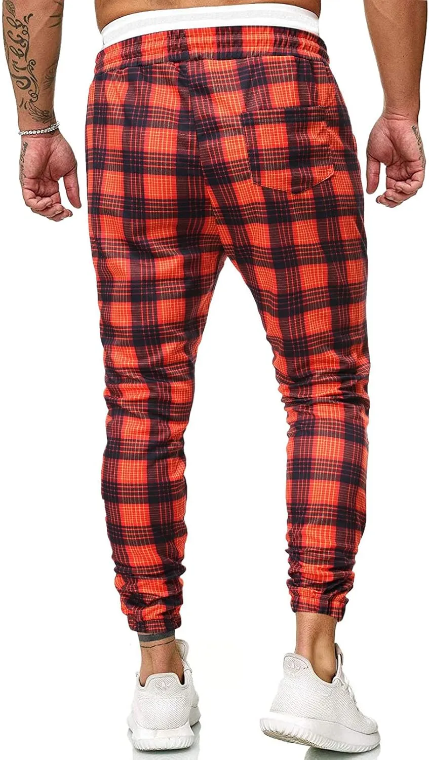 GTHTTT Men's Fashion Plaid Pants Chinos Casual Trousers Slim Fit Drawstring Tapered Stretch Workout Jogger Sweatpants Plaid