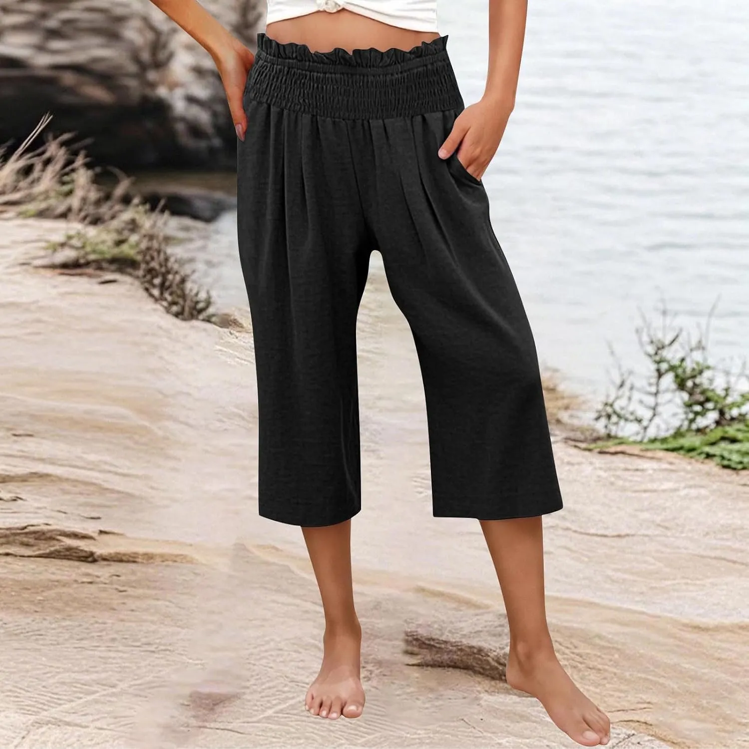 High Waisted Palazzo Pants for Women Wide Leg Linen Capri Pant Casual Summer Beach Cropped Trousers with Pockets