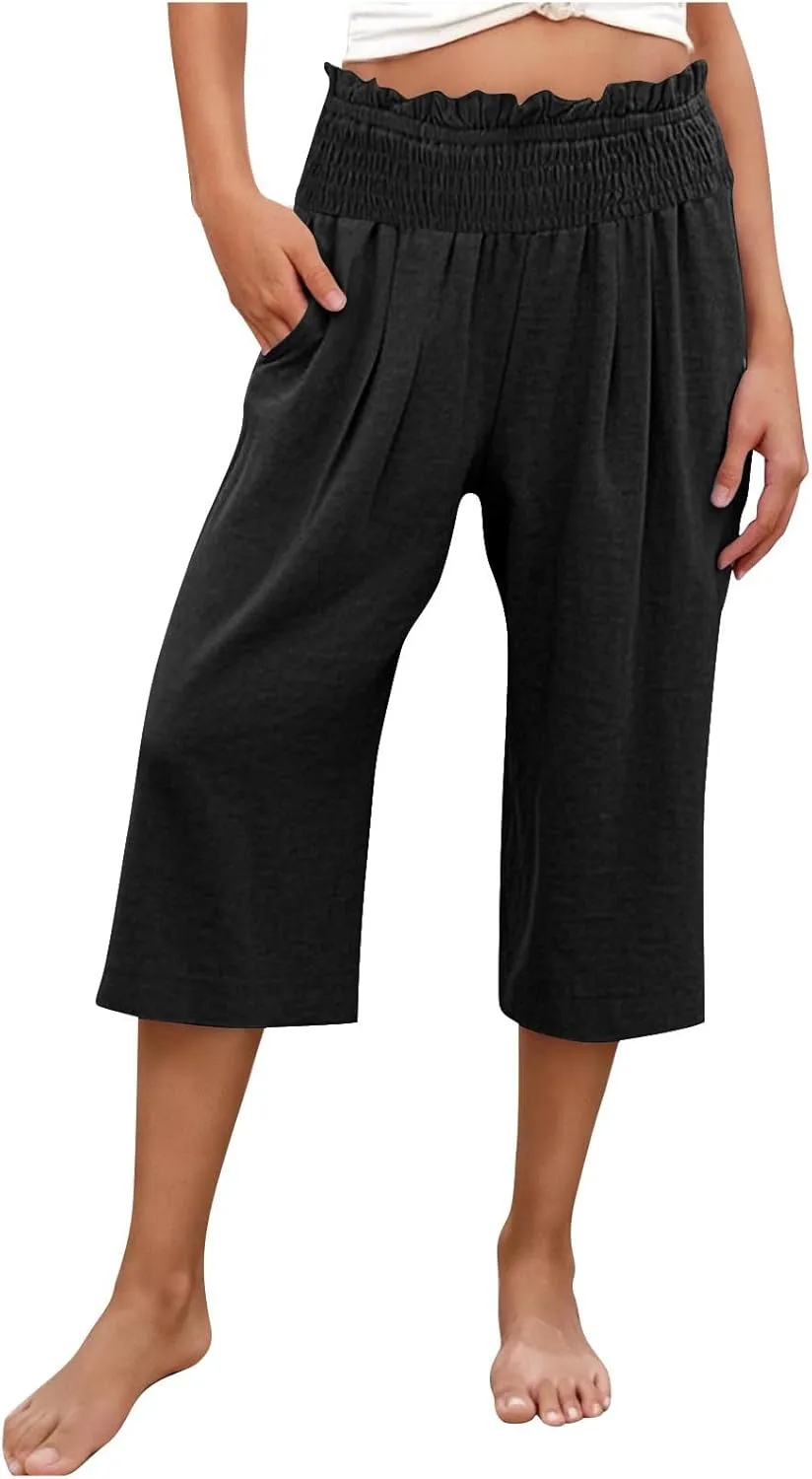 High Waisted Palazzo Pants for Women Wide Leg Linen Capri Pant Casual Summer Beach Cropped Trousers with Pockets