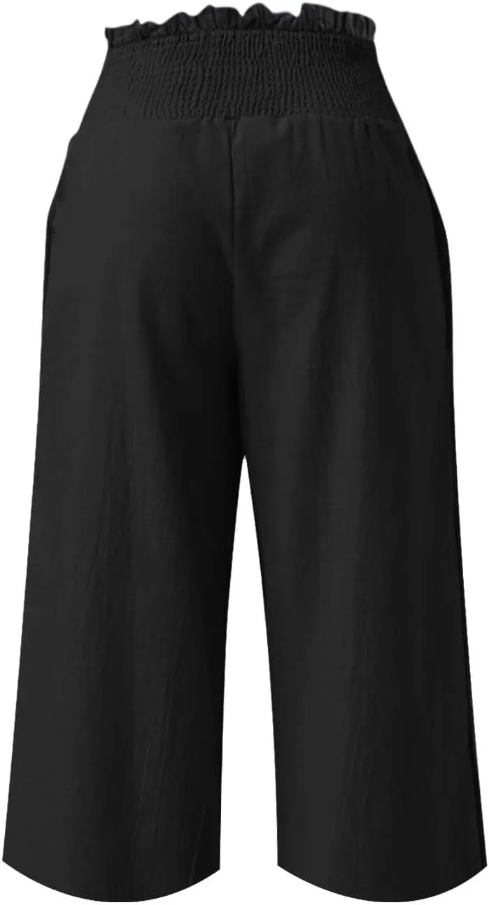 High Waisted Palazzo Pants for Women Wide Leg Linen Capri Pant Casual Summer Beach Cropped Trousers with Pockets