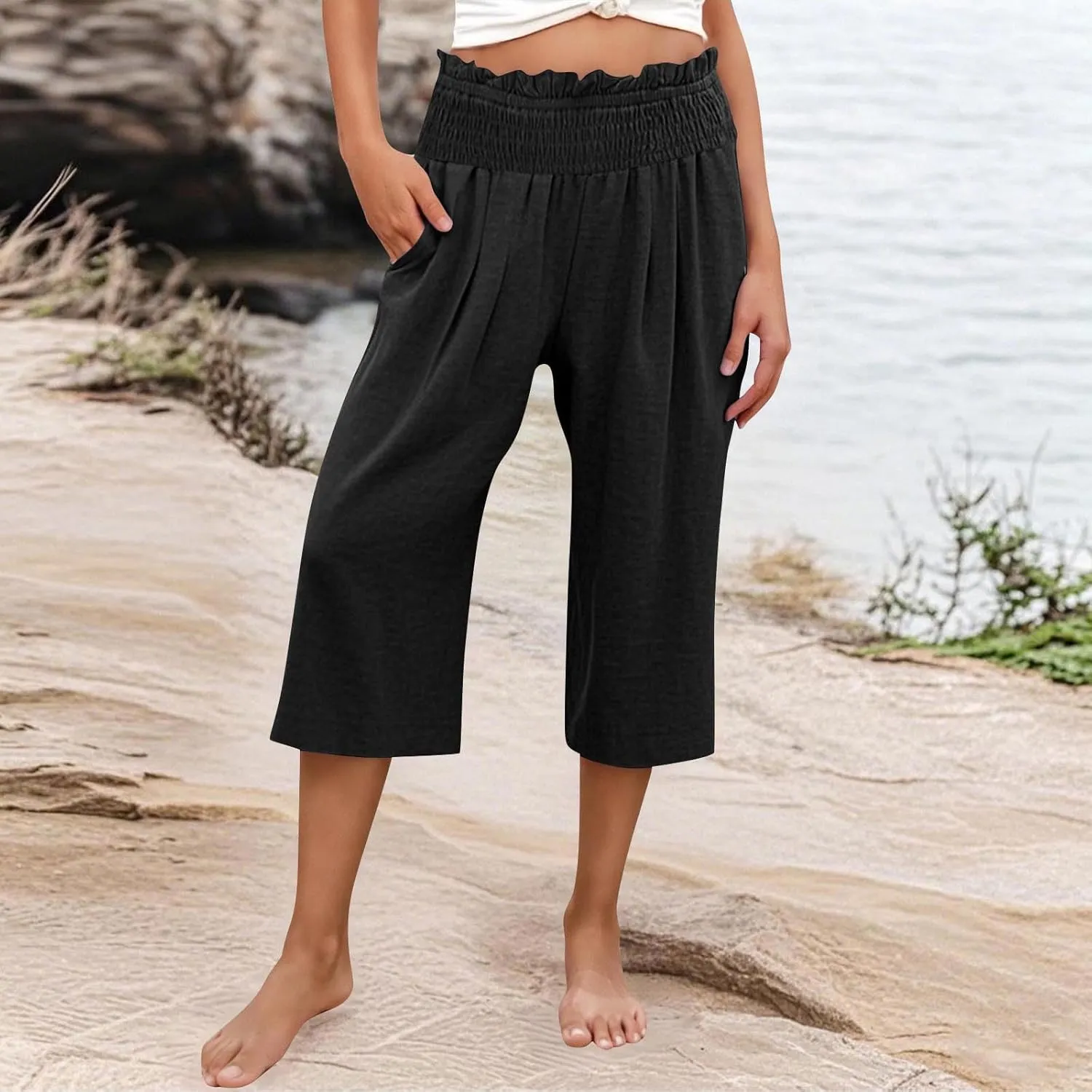 High Waisted Palazzo Pants for Women Wide Leg Linen Capri Pant Casual Summer Beach Cropped Trousers with Pockets