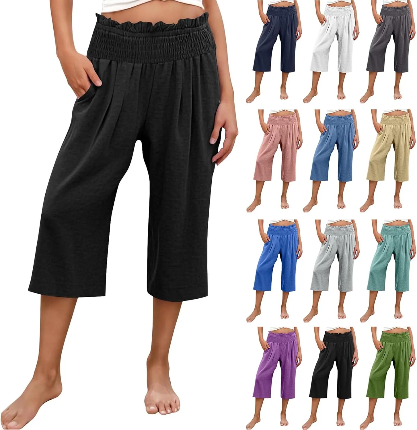 High Waisted Palazzo Pants for Women Wide Leg Linen Capri Pant Casual Summer Beach Cropped Trousers with Pockets