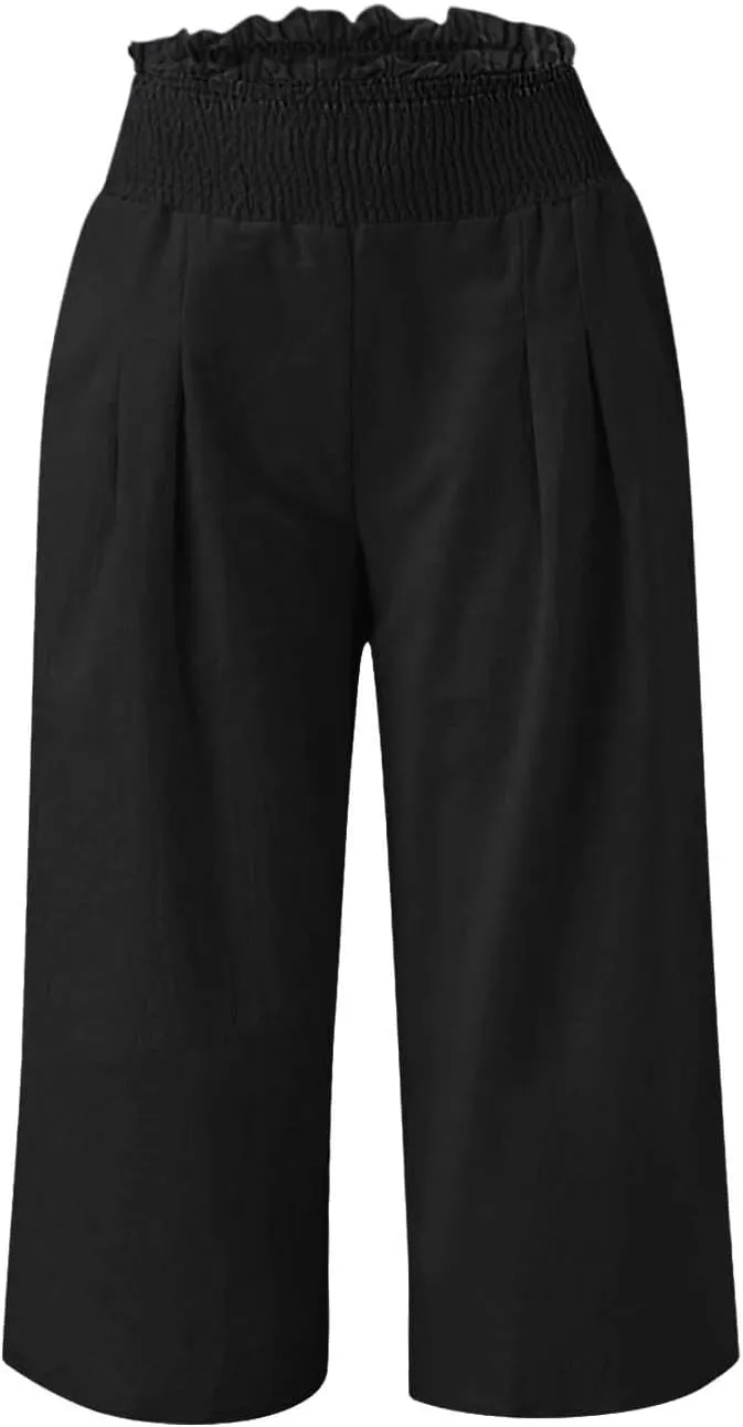 High Waisted Palazzo Pants for Women Wide Leg Linen Capri Pant Casual Summer Beach Cropped Trousers with Pockets