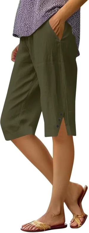 Hiking Pants Women Casual Comfy Fit Side Slit Summer Beach Lightweight Bermuda Shorts Breathable Linen Capri Pants