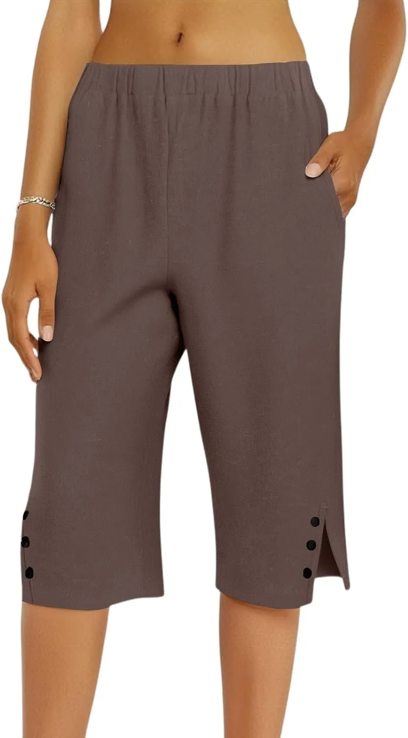 Hiking Pants Women Casual Comfy Fit Side Slit Summer Beach Lightweight Bermuda Shorts Breathable Linen Capri Pants