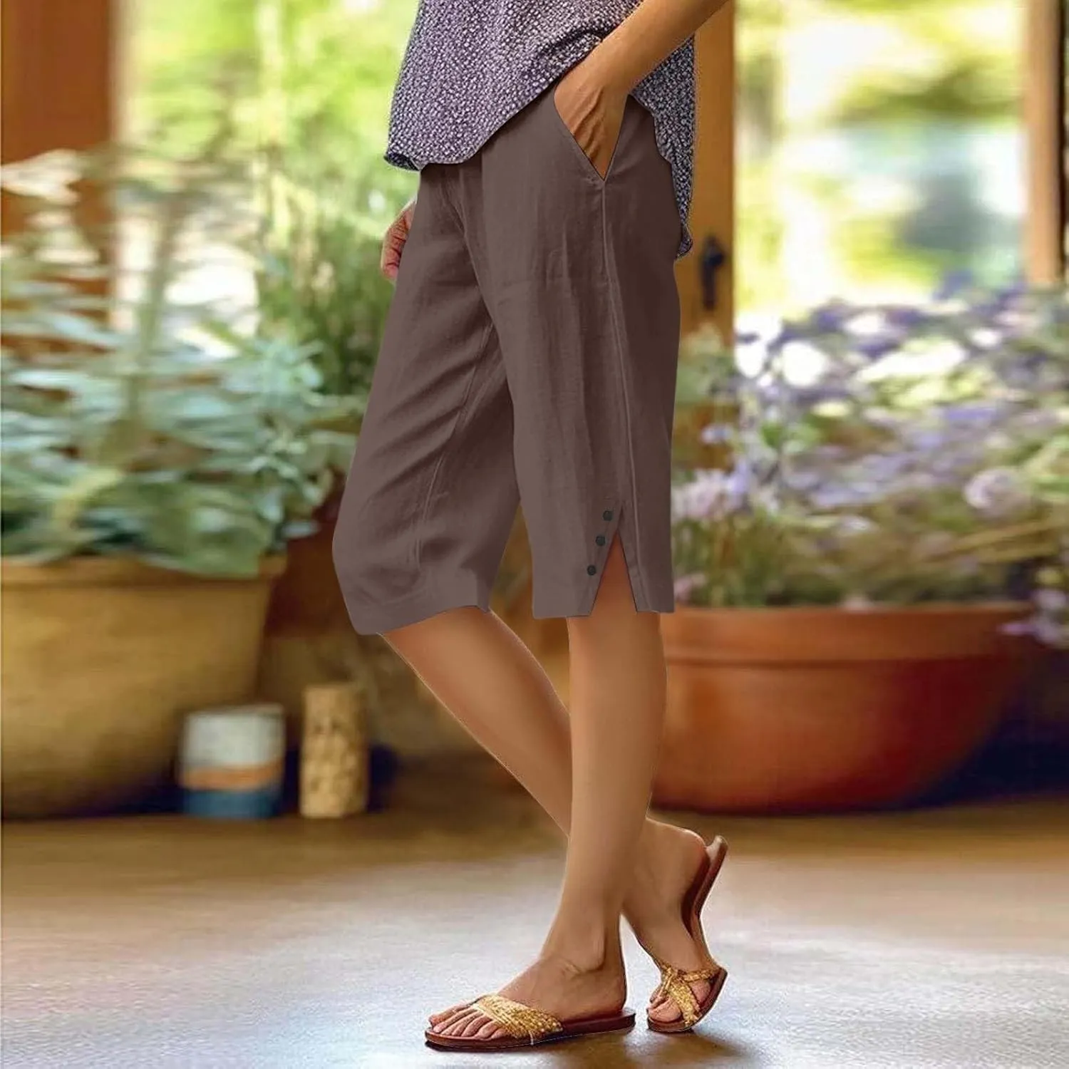 Hiking Pants Women Casual Comfy Fit Side Slit Summer Beach Lightweight Bermuda Shorts Breathable Linen Capri Pants