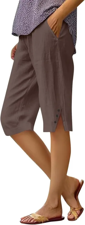 Hiking Pants Women Casual Comfy Fit Side Slit Summer Beach Lightweight Bermuda Shorts Breathable Linen Capri Pants