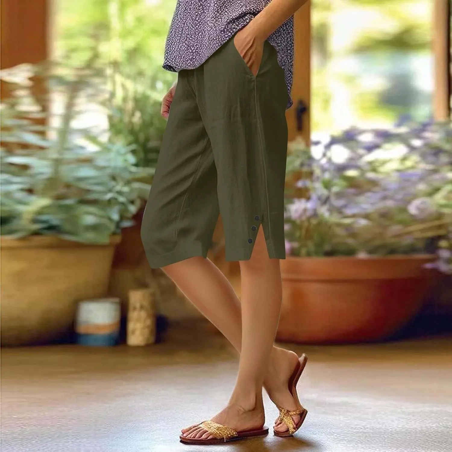 Hiking Pants Women Casual Comfy Fit Side Slit Summer Beach Lightweight Bermuda Shorts Breathable Linen Capri Pants