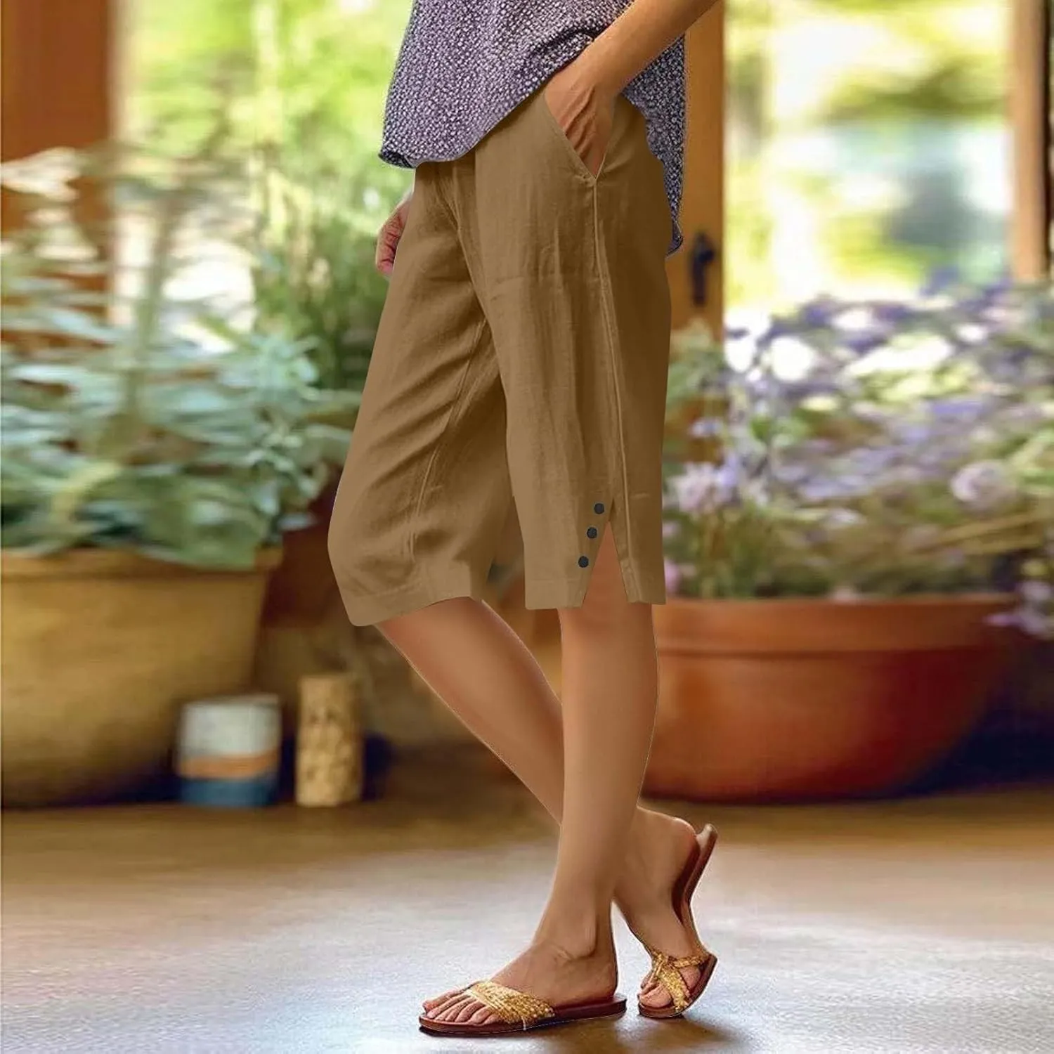Hiking Pants Women Casual Comfy Fit Side Slit Summer Beach Lightweight Bermuda Shorts Breathable Linen Capri Pants
