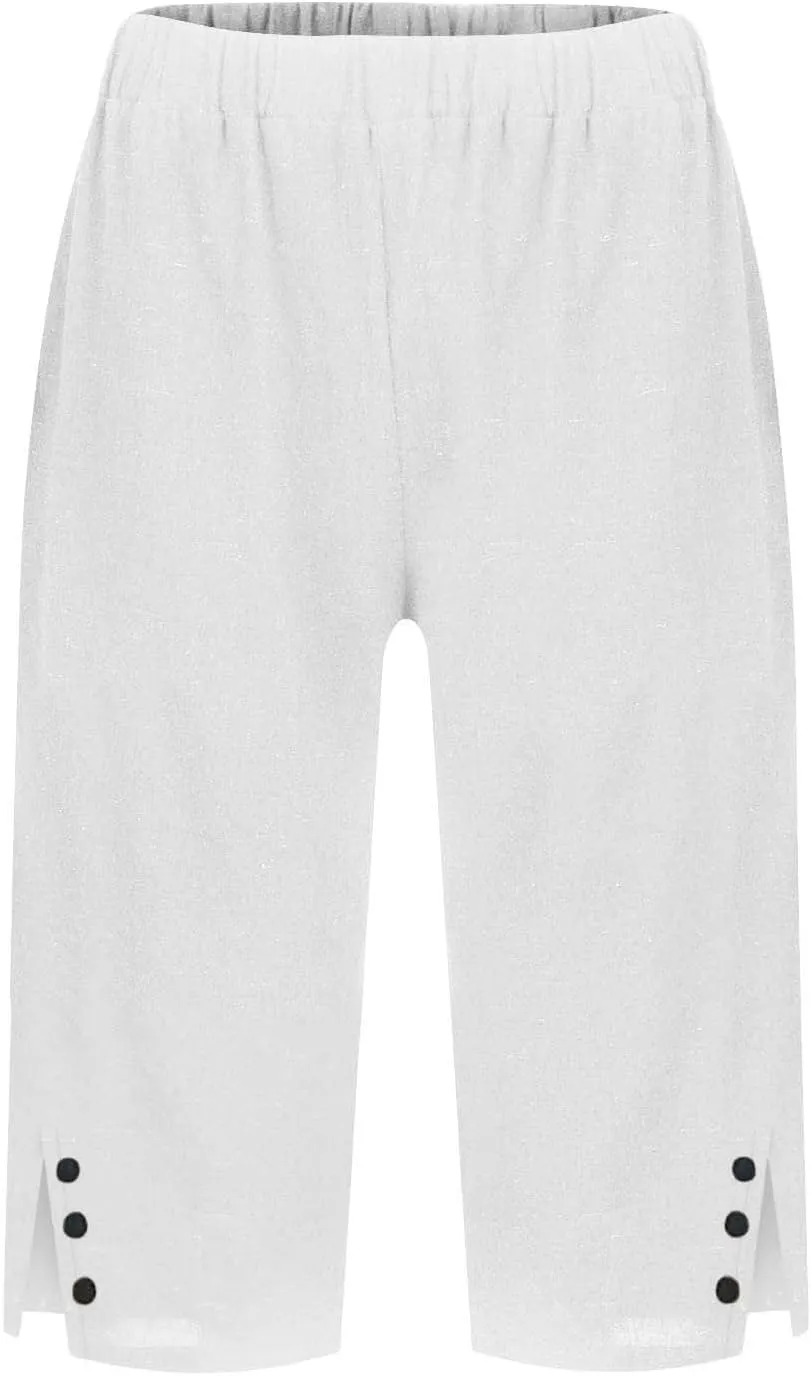 Hiking Pants Women Casual Comfy Fit Side Slit Summer Beach Lightweight Bermuda Shorts Breathable Linen Capri Pants