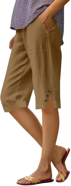 Hiking Pants Women Casual Comfy Fit Side Slit Summer Beach Lightweight Bermuda Shorts Breathable Linen Capri Pants