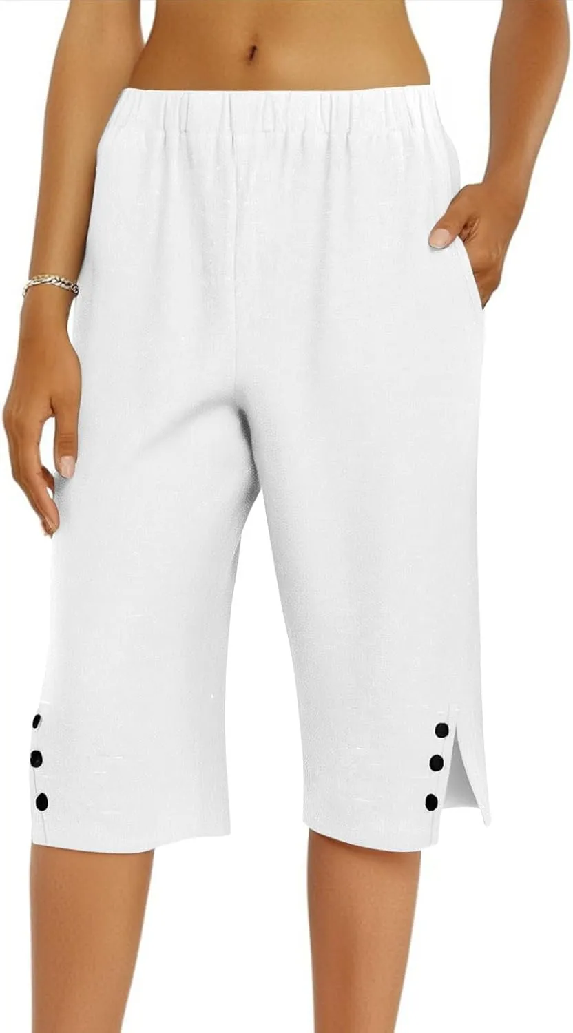 Hiking Pants Women Casual Comfy Fit Side Slit Summer Beach Lightweight Bermuda Shorts Breathable Linen Capri Pants