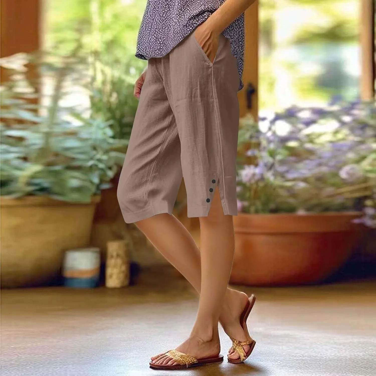 Hiking Pants Women Casual Comfy Fit Side Slit Summer Beach Lightweight Bermuda Shorts Breathable Linen Capri Pants