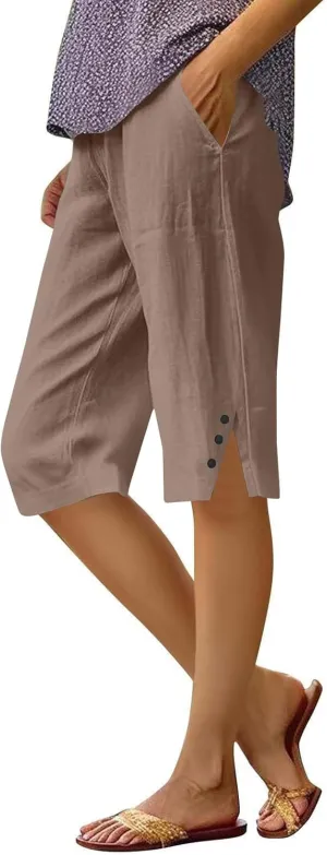 Hiking Pants Women Casual Comfy Fit Side Slit Summer Beach Lightweight Bermuda Shorts Breathable Linen Capri Pants