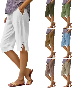 Hiking Pants Women Casual Comfy Fit Side Slit Summer Beach Lightweight Bermuda Shorts Breathable Linen Capri Pants