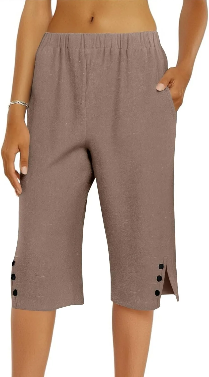Hiking Pants Women Casual Comfy Fit Side Slit Summer Beach Lightweight Bermuda Shorts Breathable Linen Capri Pants
