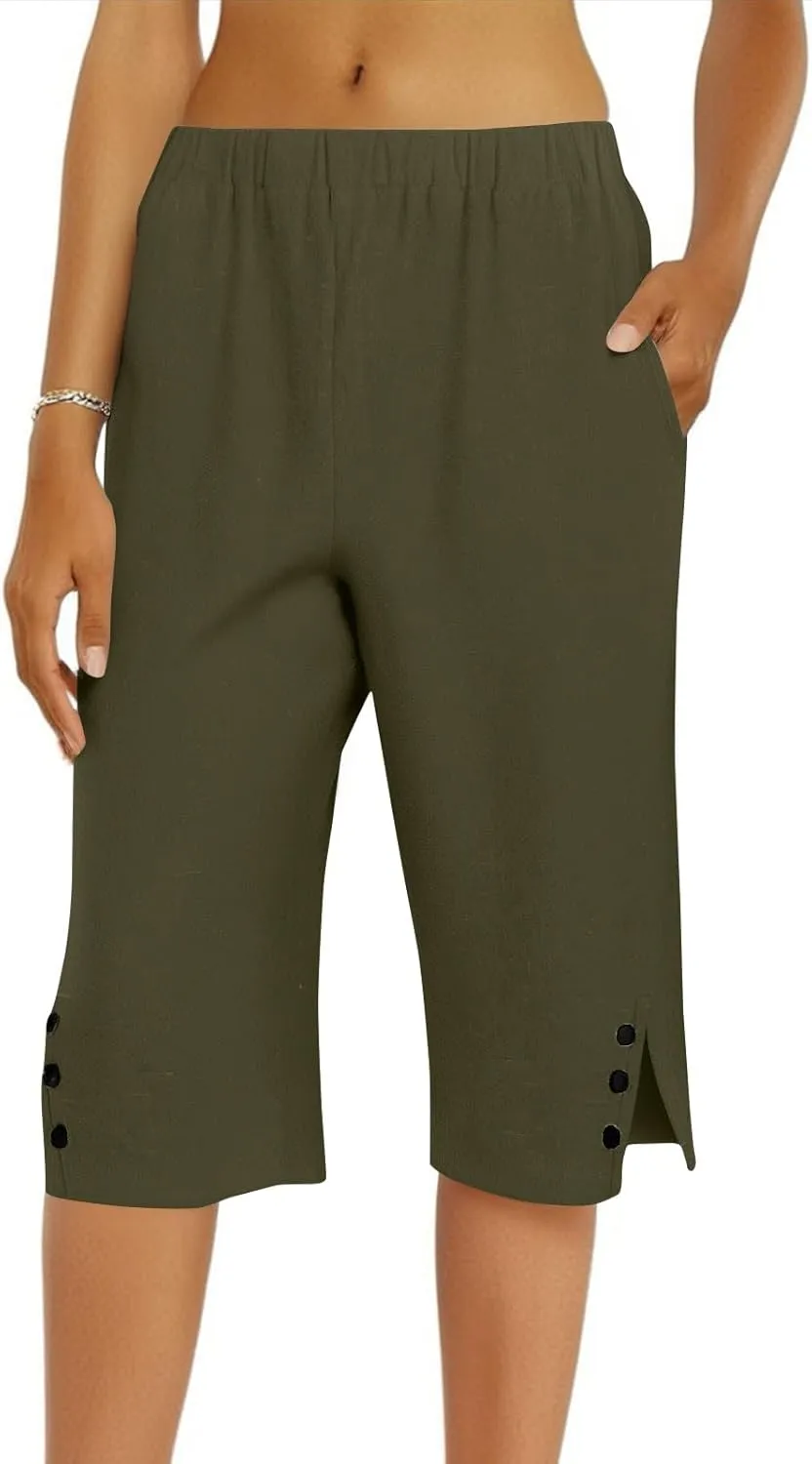 Hiking Pants Women Casual Comfy Fit Side Slit Summer Beach Lightweight Bermuda Shorts Breathable Linen Capri Pants
