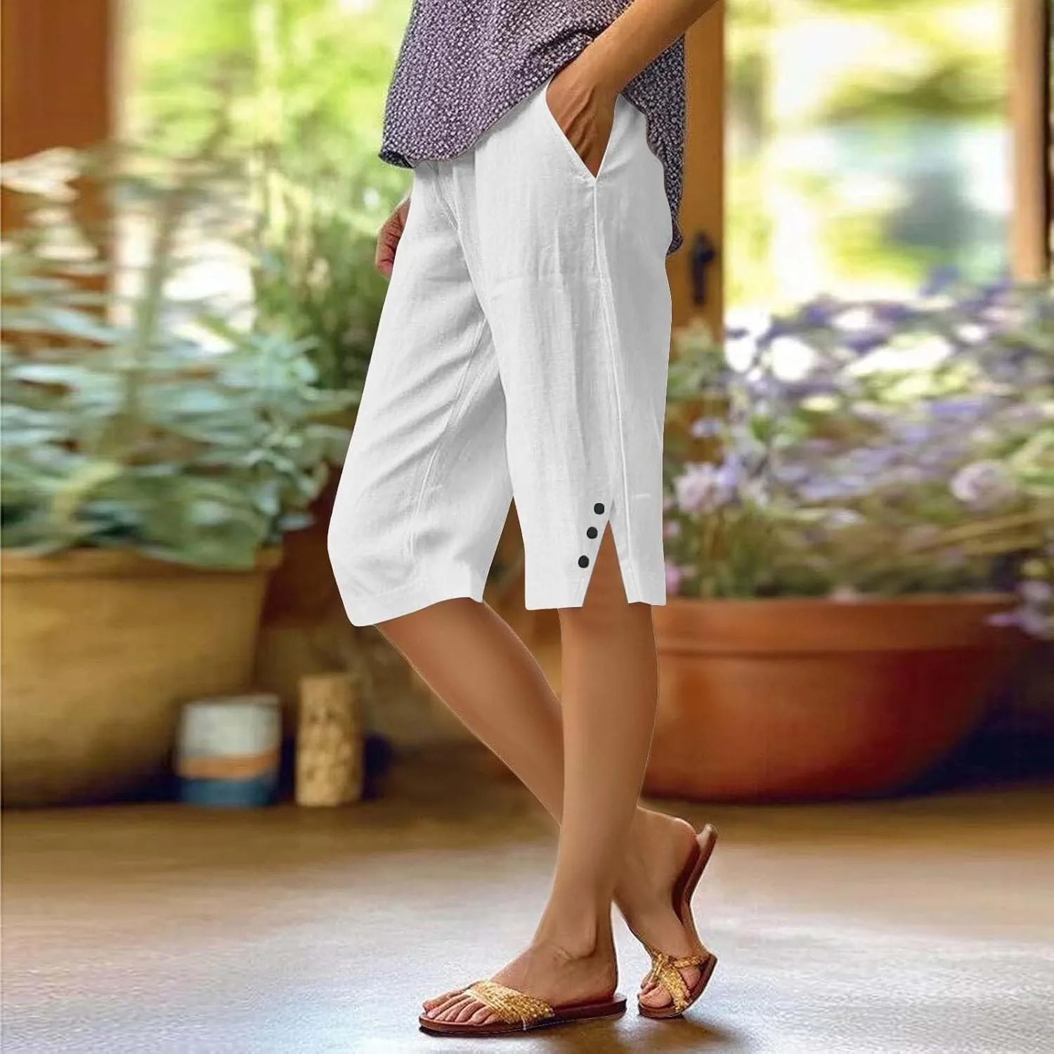 Hiking Pants Women Casual Comfy Fit Side Slit Summer Beach Lightweight Bermuda Shorts Breathable Linen Capri Pants