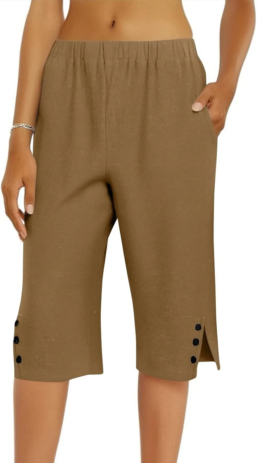 Hiking Pants Women Casual Comfy Fit Side Slit Summer Beach Lightweight Bermuda Shorts Breathable Linen Capri Pants