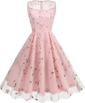 IDOPIP Women Summer Floral Embroidery Sheer Mesh Dress Vintage Sleeveless Cocktail Swing Dress 50s Retro Elegant Tulle Dress
