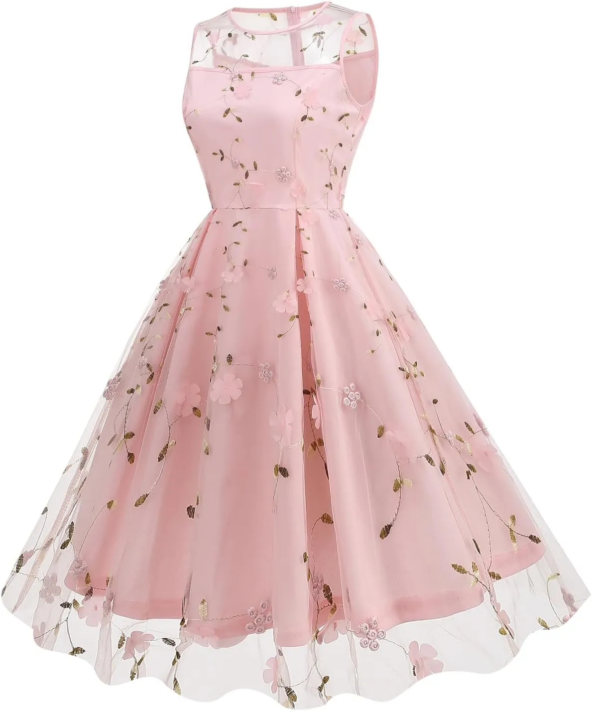 IDOPIP Women Summer Floral Embroidery Sheer Mesh Dress Vintage Sleeveless Cocktail Swing Dress 50s Retro Elegant Tulle Dress