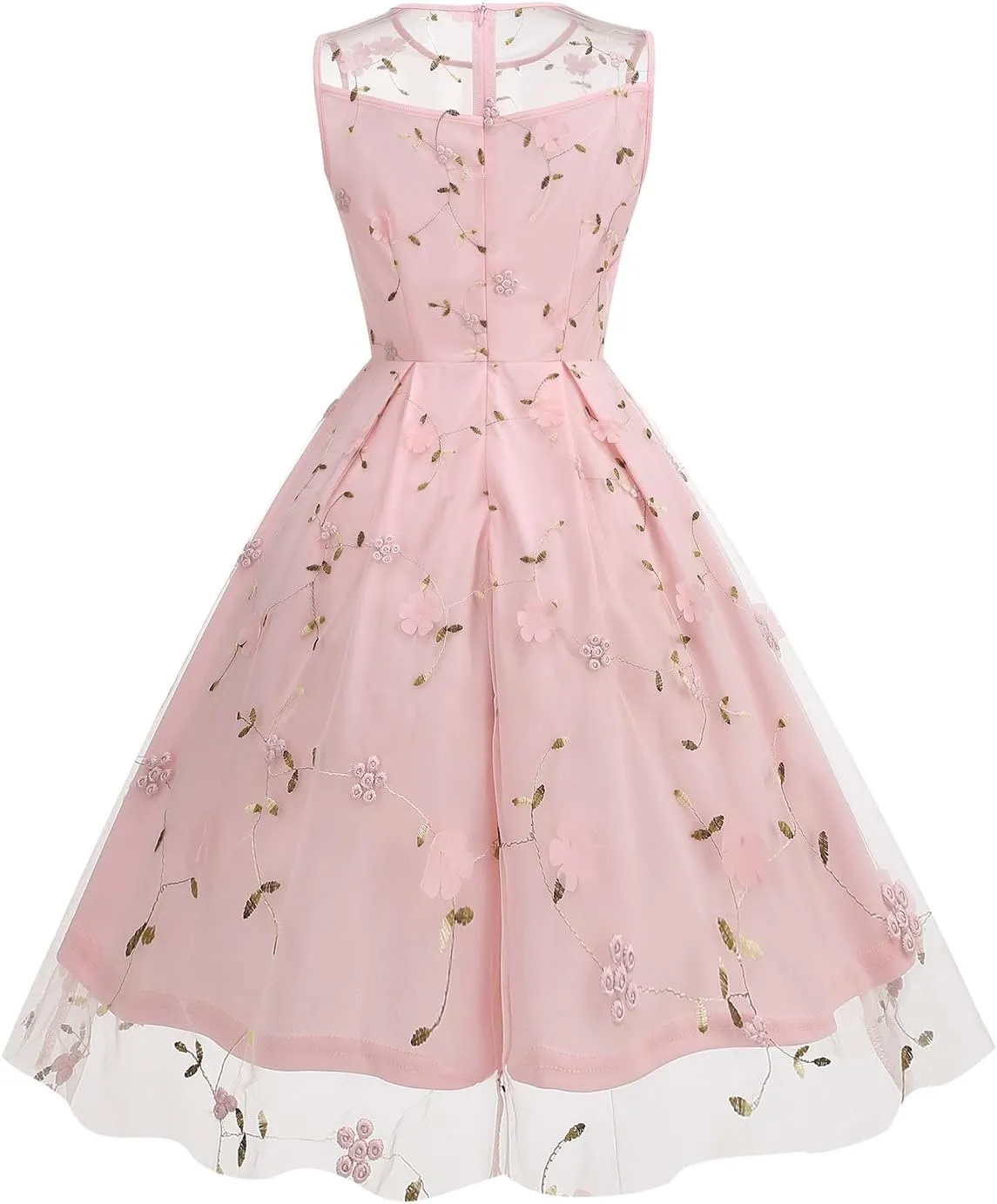 IDOPIP Women Summer Floral Embroidery Sheer Mesh Dress Vintage Sleeveless Cocktail Swing Dress 50s Retro Elegant Tulle Dress