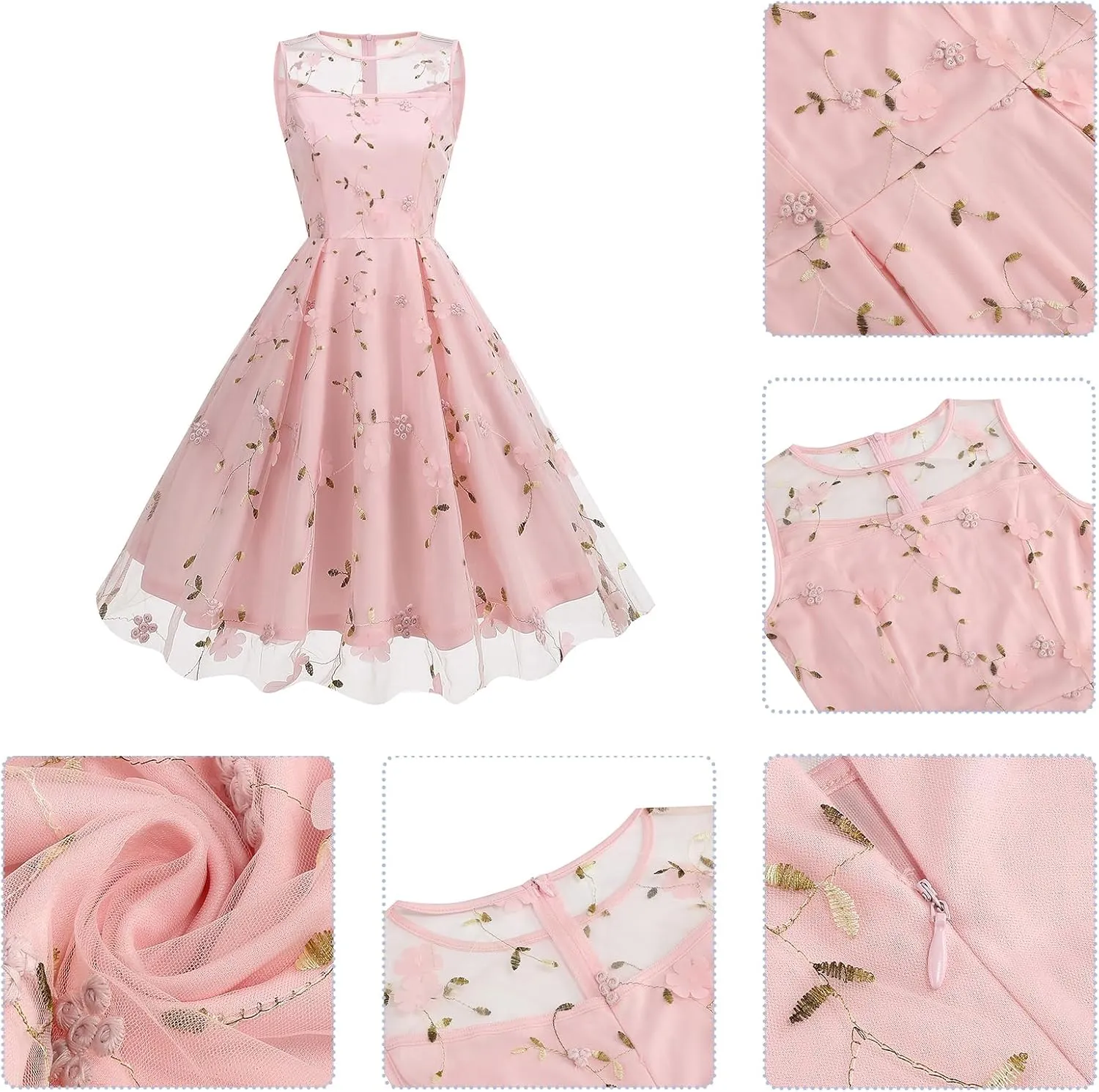 IDOPIP Women Summer Floral Embroidery Sheer Mesh Dress Vintage Sleeveless Cocktail Swing Dress 50s Retro Elegant Tulle Dress