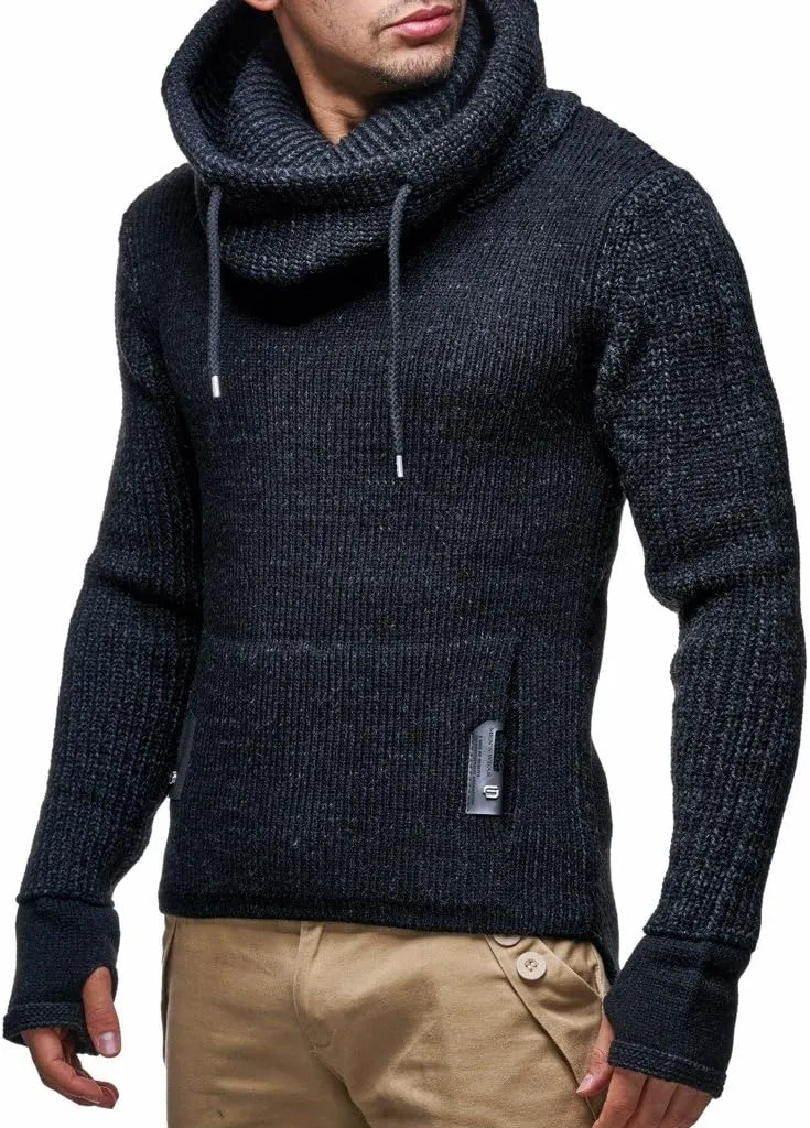 Leif Nelson Mens Knitted Pullover | Long-Sleeved Slim fit Shirt | Basic Longsleeve Sweatshirt with Shawl Collar for Men