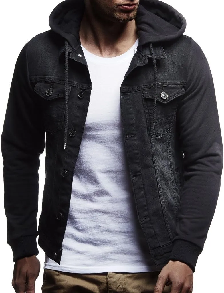 Leif Nelson Men's Sweat Jacket | Vintage Denim Jacket for Men | Slim-Fit Long Sleeve Hooded Denim Jacket