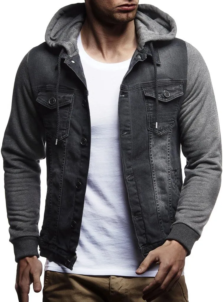 Leif Nelson Men's Sweat Jacket | Vintage Denim Jacket for Men | Slim-Fit Long Sleeve Hooded Denim Jacket