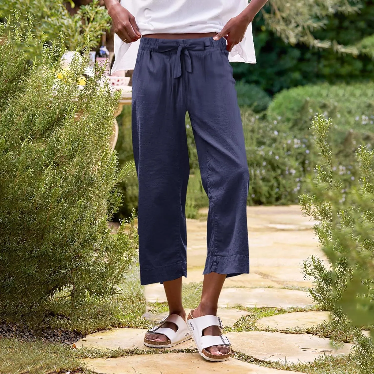 Linen Capri Pants for Women High Waisted Cropped Wide Leg Summer Pants Business Casual Baggy Work Trousers with Tie