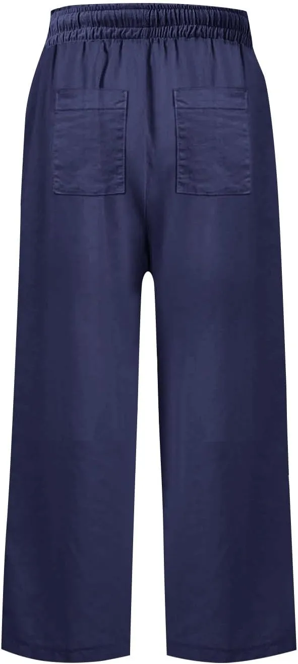 Linen Capri Pants for Women High Waisted Cropped Wide Leg Summer Pants Business Casual Baggy Work Trousers with Tie