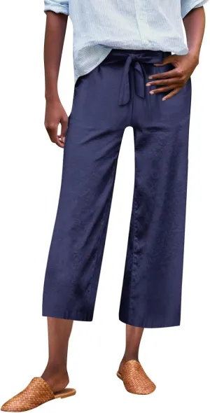 Linen Capri Pants for Women High Waisted Cropped Wide Leg Summer Pants Business Casual Baggy Work Trousers with Tie