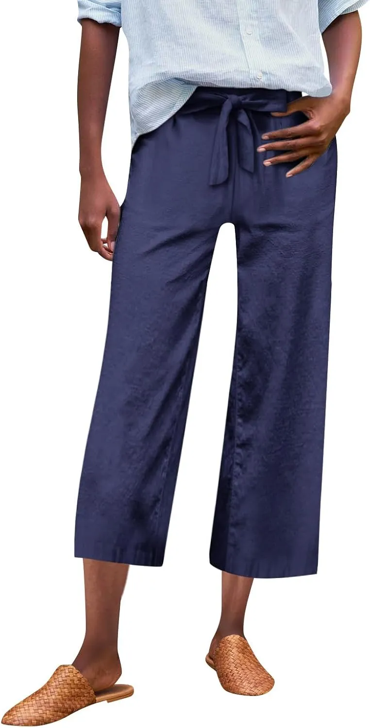 Linen Capri Pants for Women High Waisted Cropped Wide Leg Summer Pants Business Casual Baggy Work Trousers with Tie