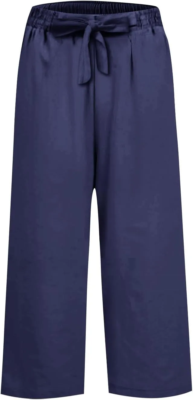 Linen Capri Pants for Women High Waisted Cropped Wide Leg Summer Pants Business Casual Baggy Work Trousers with Tie