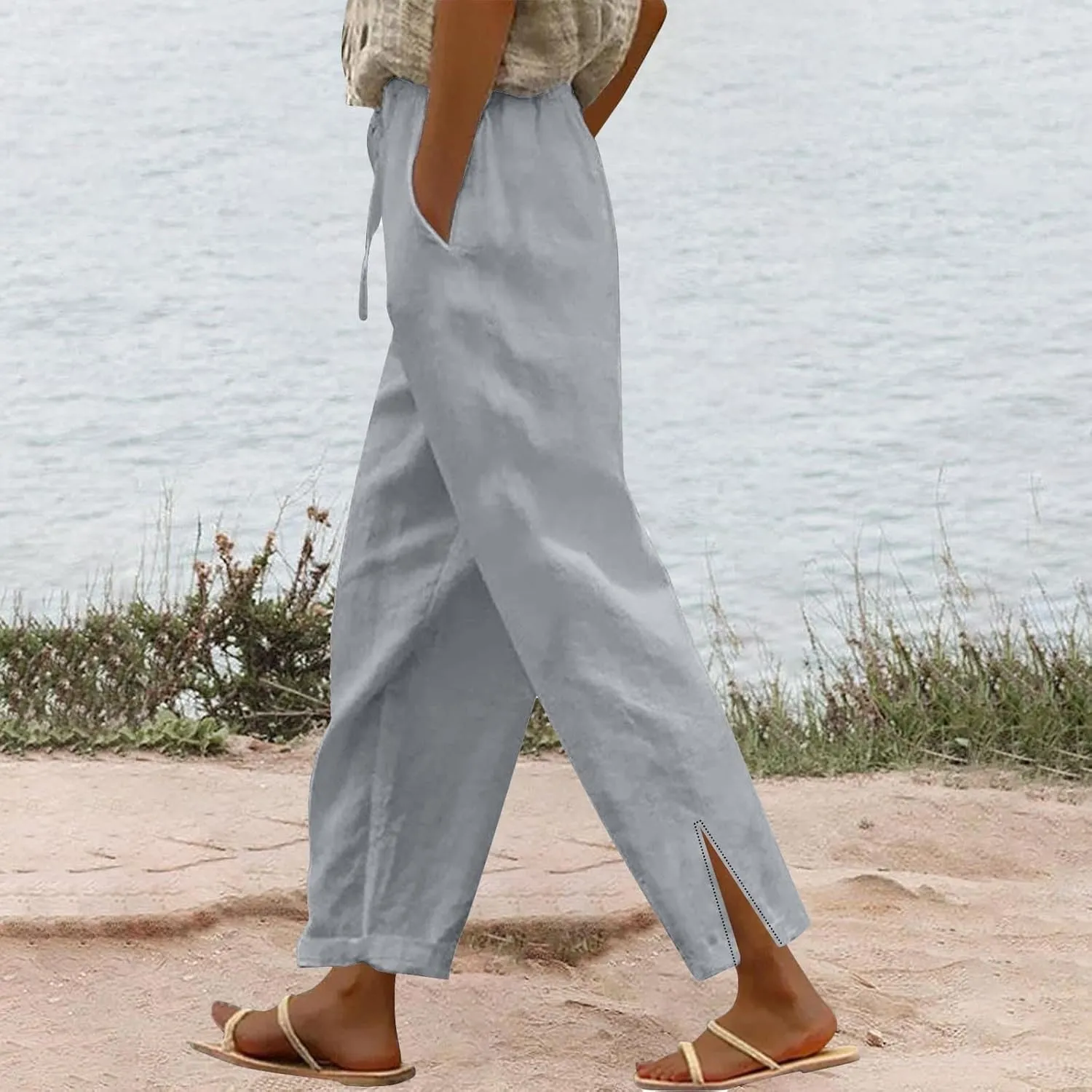 Linen Pants for Women 2025 Summer High Waist Elastic Straight Leg Pant Casual Loose Lightweight Beach Trousers