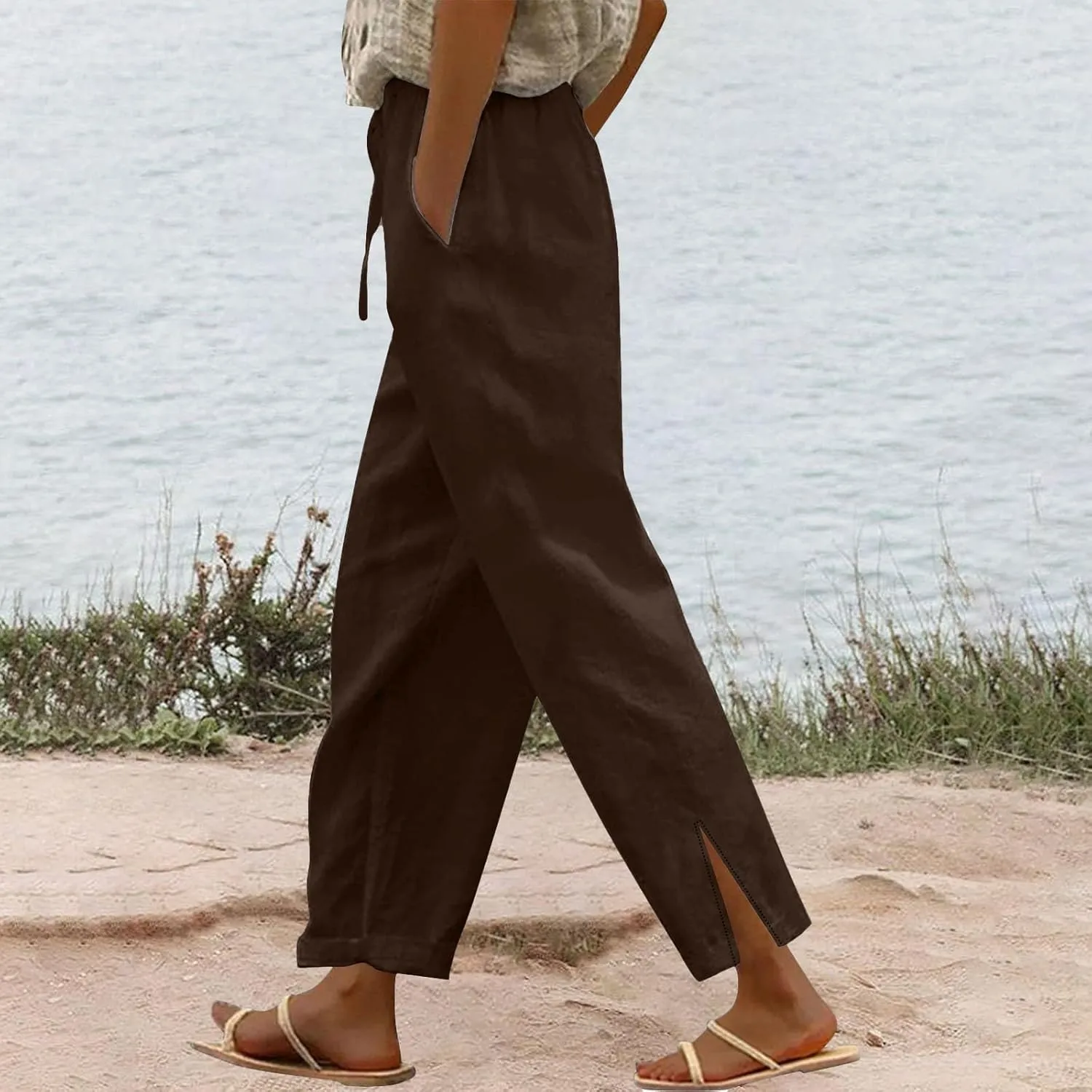 Linen Pants for Women 2025 Summer High Waist Elastic Straight Leg Pant Casual Loose Lightweight Beach Trousers